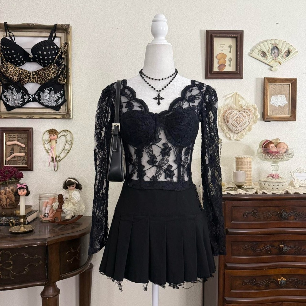 90's romantic goth vampy witchy dark coquette sheer black lace bustier corset